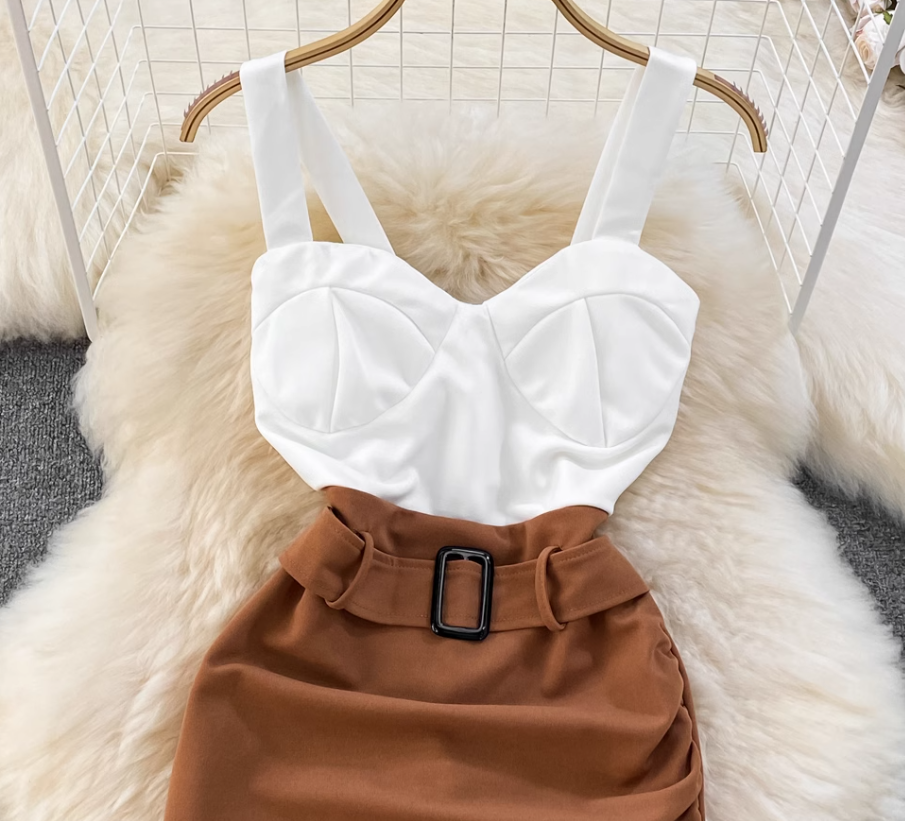 Fashionable and sexy tube top suspender skirt contrast color stitching tight irregular hip dress R0348