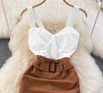 Fashionable and sexy tube top suspender skirt contrast color stitching tight irregular hip dress R0348