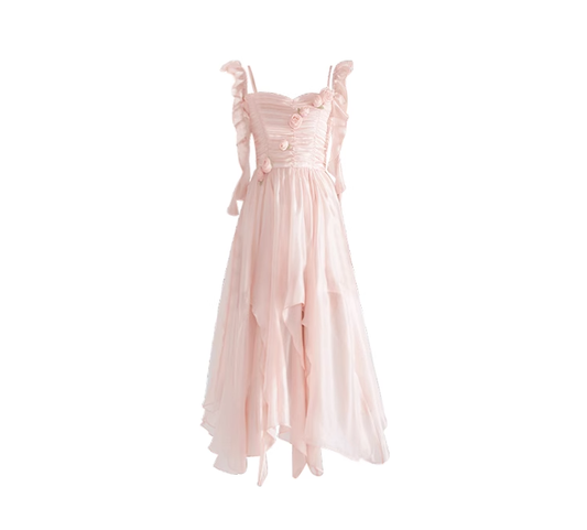 Irregular hem slimming suspender dress 2025 new holiday long dress design R0079