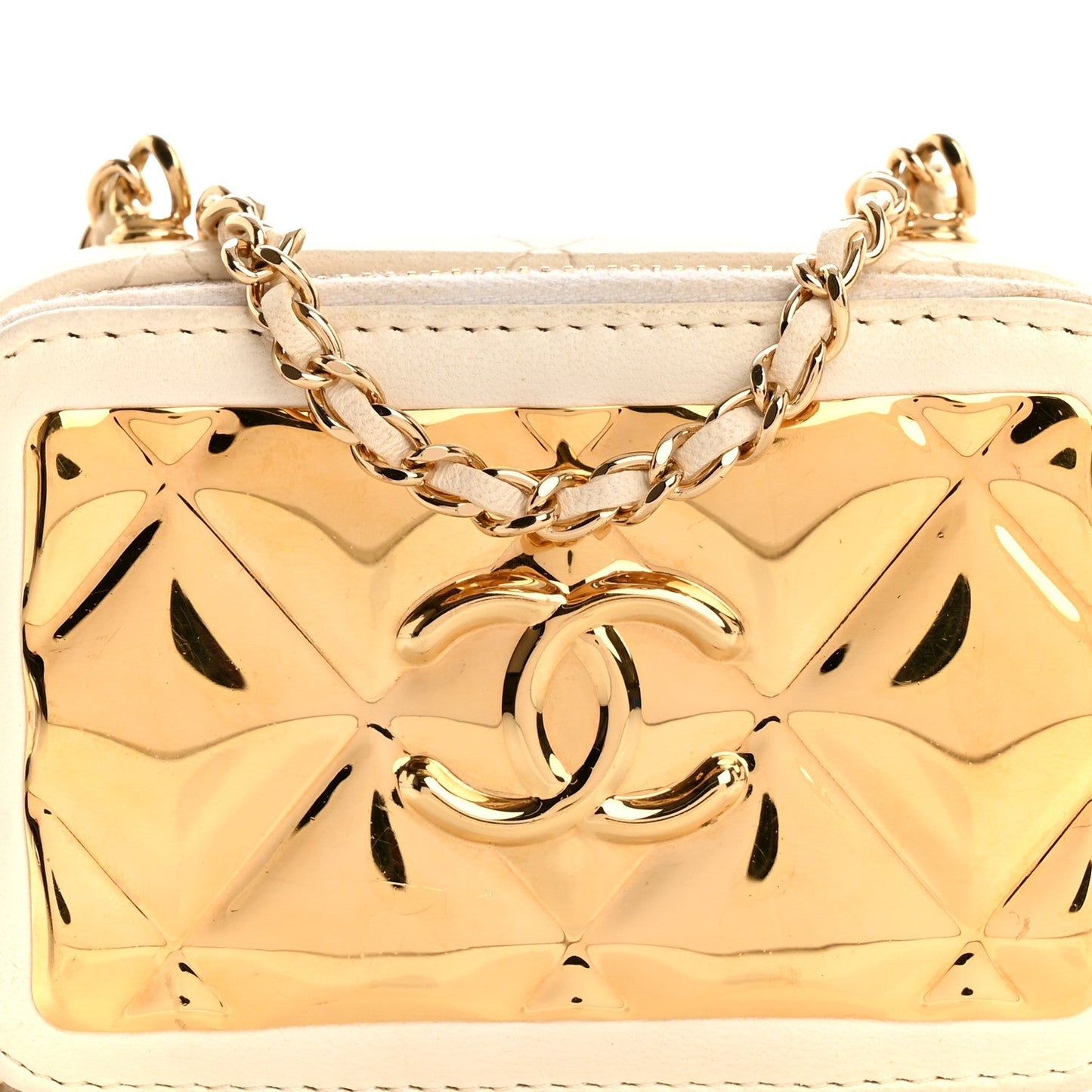 Lambskin Quilted Golden Plate Clutch With Chain White