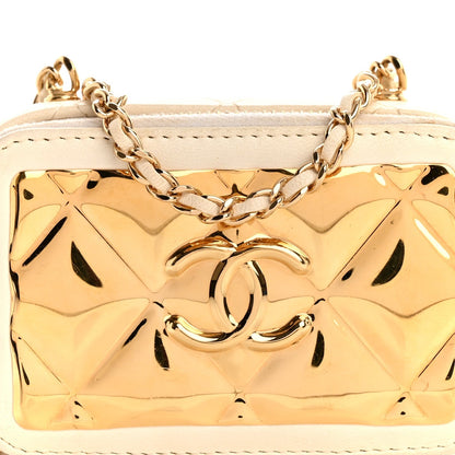Lambskin Quilted Golden Plate Clutch With Chain White