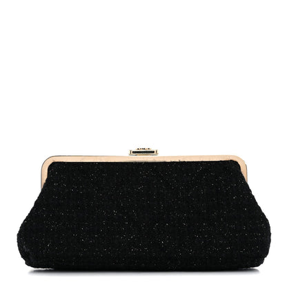 Tweed Quilted Kiss Lock Clutch Black