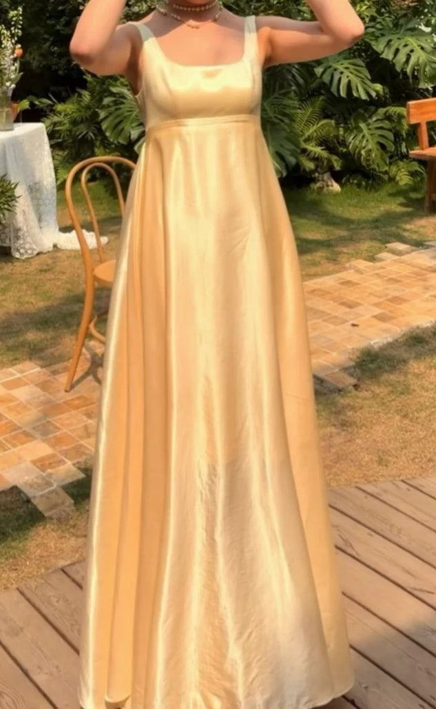 Charming Prom Dress Yellow Satin A Line Square Neck Impeiral Dress Gala Dress Evening Dress       D5480