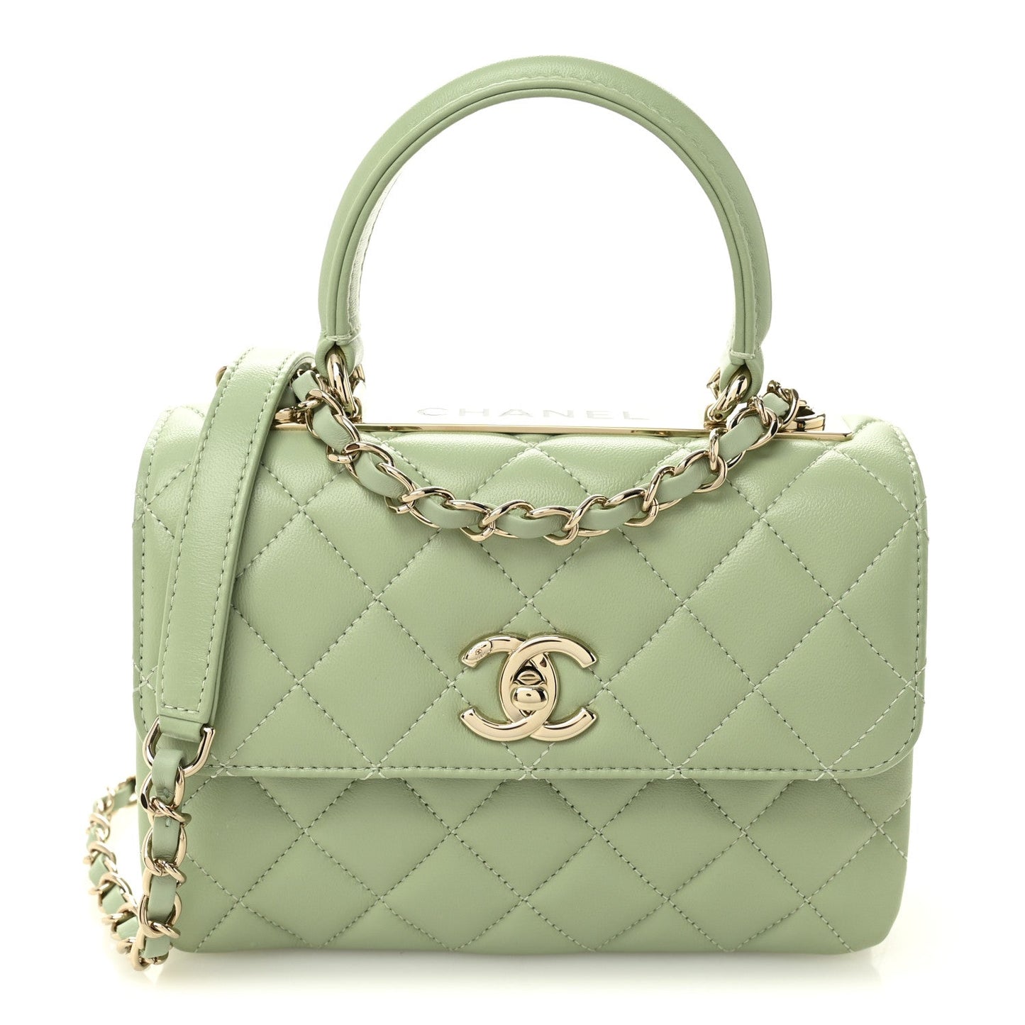 Lambskin Lacquered Quilted Mini Trendy CC Dual Handle Flap Bag Light Green