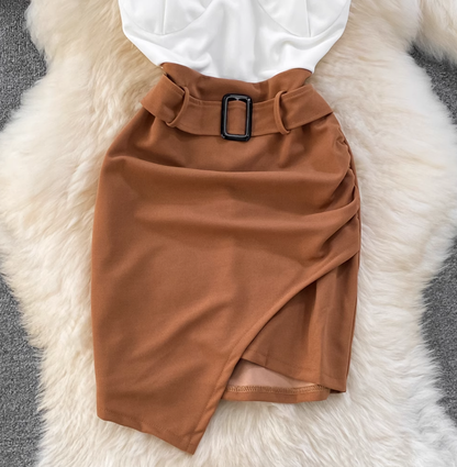 Fashionable and sexy tube top suspender skirt contrast color stitching tight irregular hip dress R0348