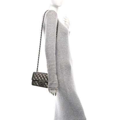 Metallic Lambskin Quilted Mini Rectangular Flap  Dark Grey