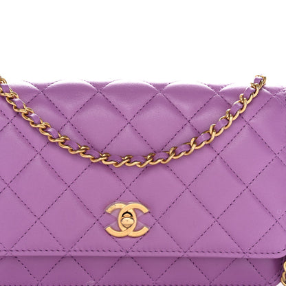 Lambskin Quilted CC Pearl Crush Wallet on Chain WOC Purple