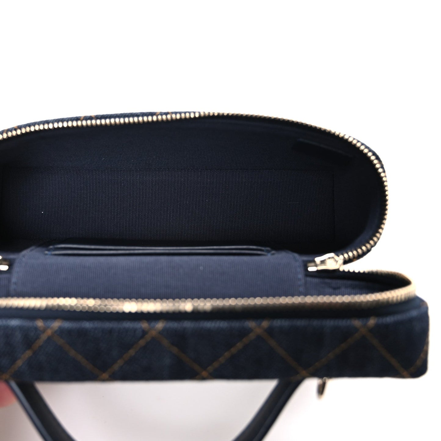 Denim Quilted Top Handle Slim Vanity Case With Chain Dark Blue Orange