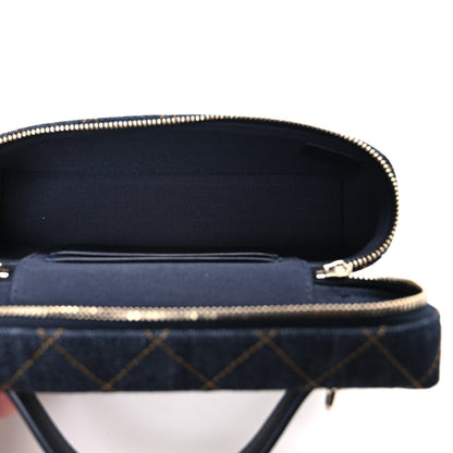 Denim Quilted Top Handle Slim Vanity Case With Chain Dark Blue Orange