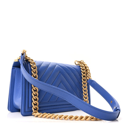 Caviar Chevron Quilted Medium Boy Flap Dark Blue