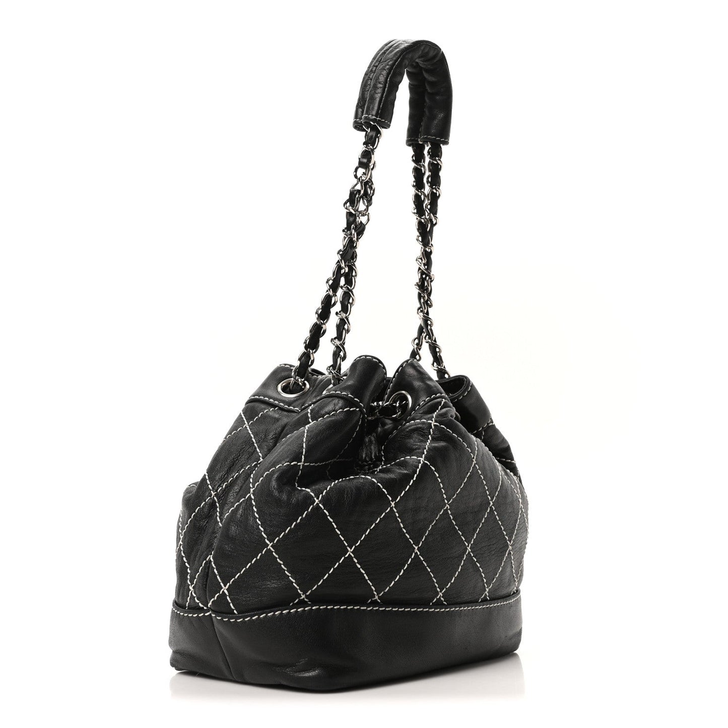 Calfskin Contrast Stitch Surpique Bucket Bag Black