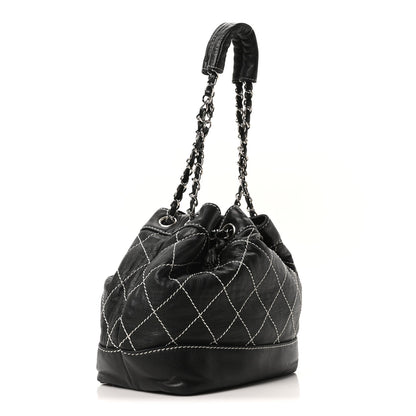 Calfskin Contrast Stitch Surpique Bucket Bag Black
