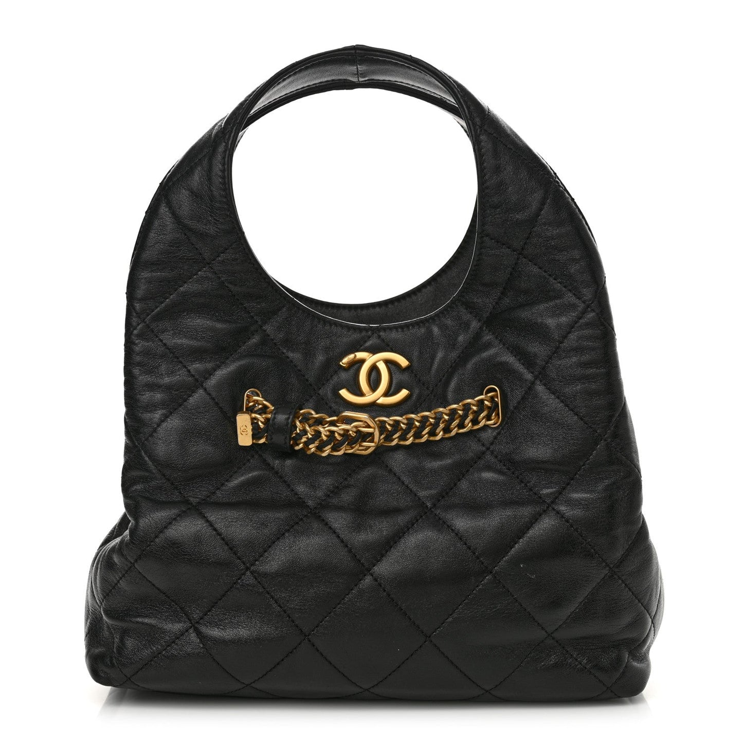 Shiny Lambskin Quilted CC Belt Shopping Bag Black