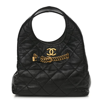Shiny Lambskin Quilted CC Belt Shopping Bag Black