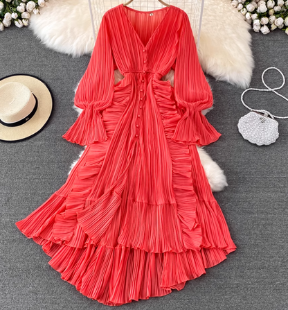 Spring super fairy seaside vacation ruffled high waist slim V-neck dress desert travel red long skirt R0329