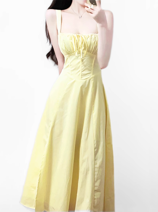 2025 Summer New Yellow Slit Sexy Waist Drawstring Holiday Suspender Dress R0938