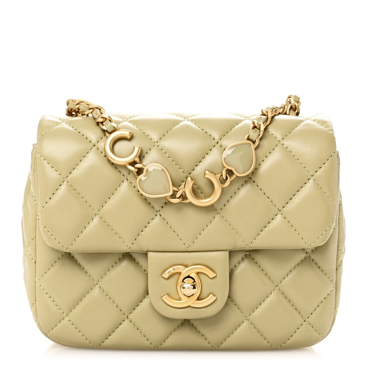Lambskin Enamel Quilted Mini Coco Hearts Square Flap Light Green