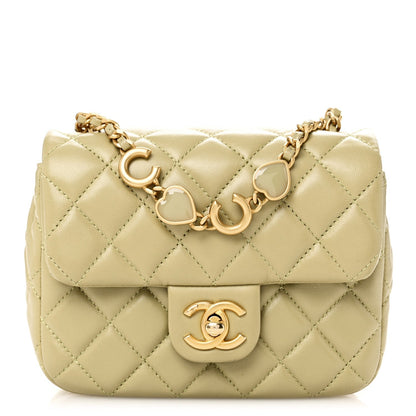 Lambskin Enamel Quilted Mini Coco Hearts Square Flap Light Green