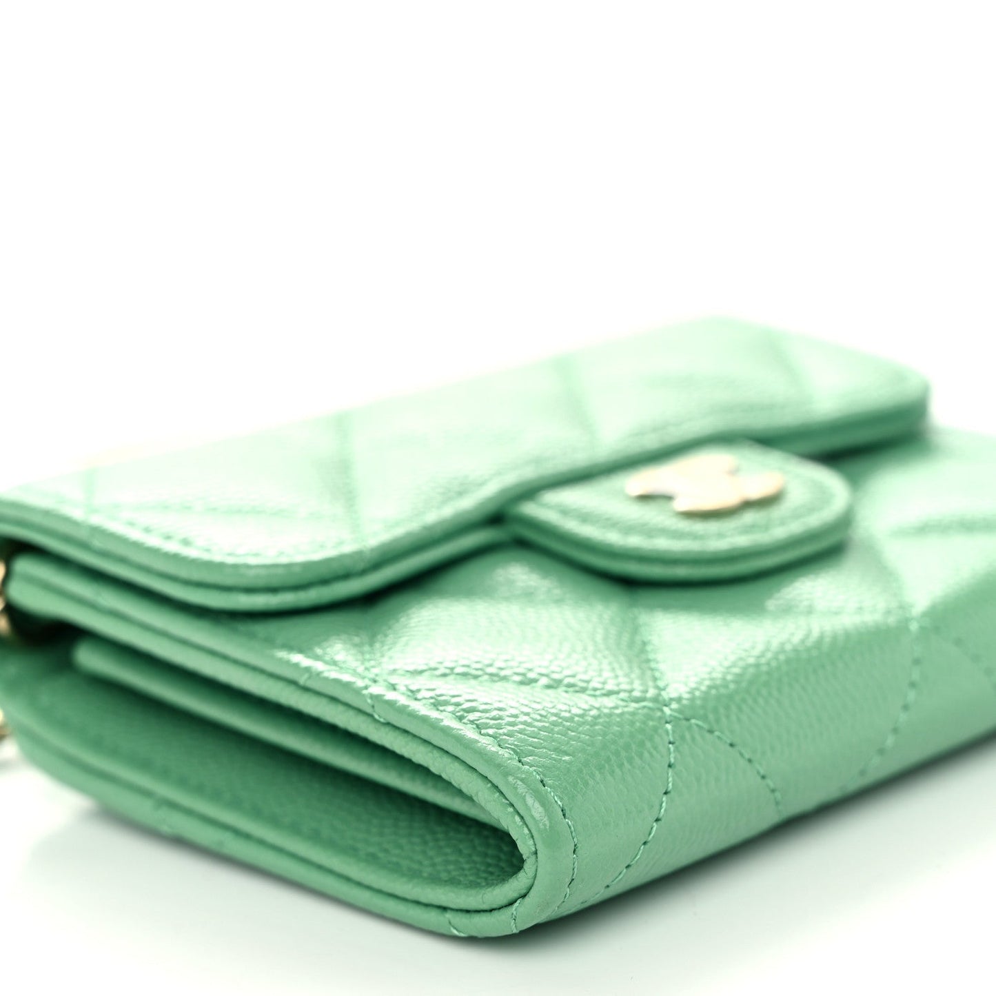 Caviar Quilted Flap Card Holder On Chain Light Green