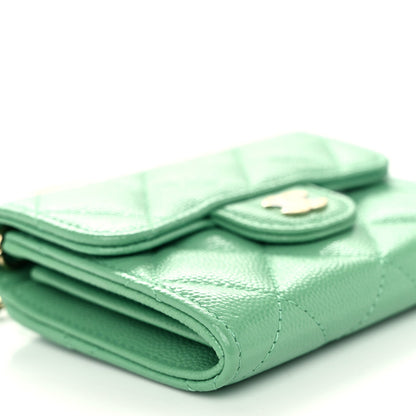 Caviar Quilted Flap Card Holder On Chain Light Green