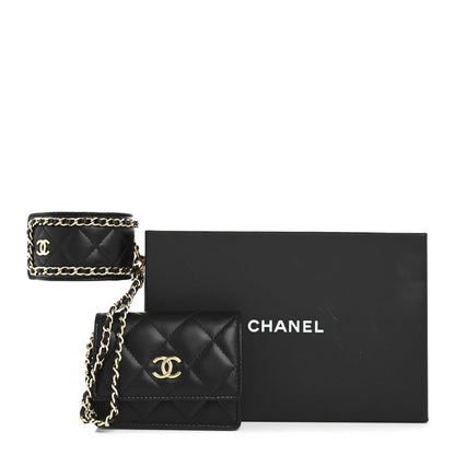 Lambskin Quilted Flap Card Holder With Cuff Black