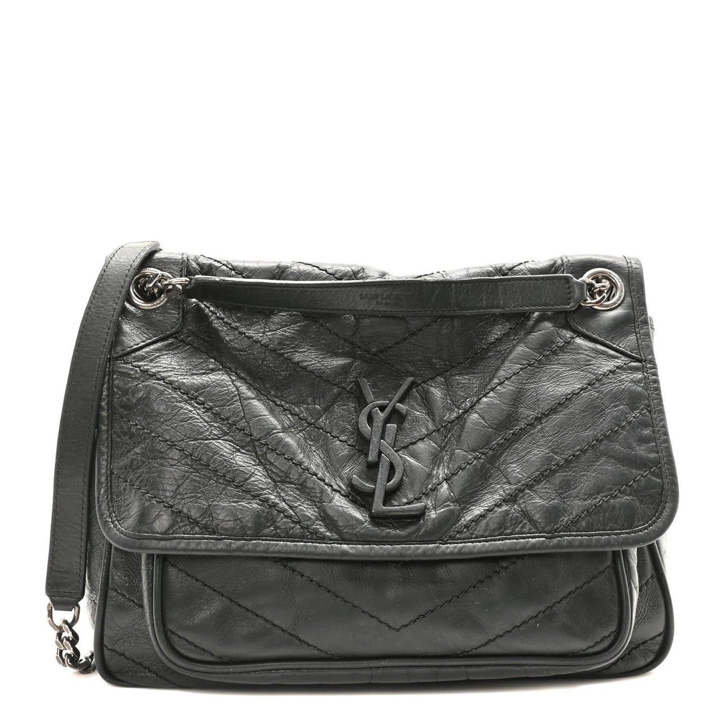Crinkled Calfskin Matelasse Monogram Medium Niki Chain Satchel Storm