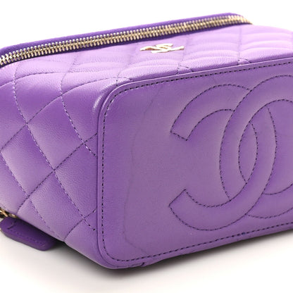 Lambskin Quilted Small Top Handle Vanity Case With Chain Purple