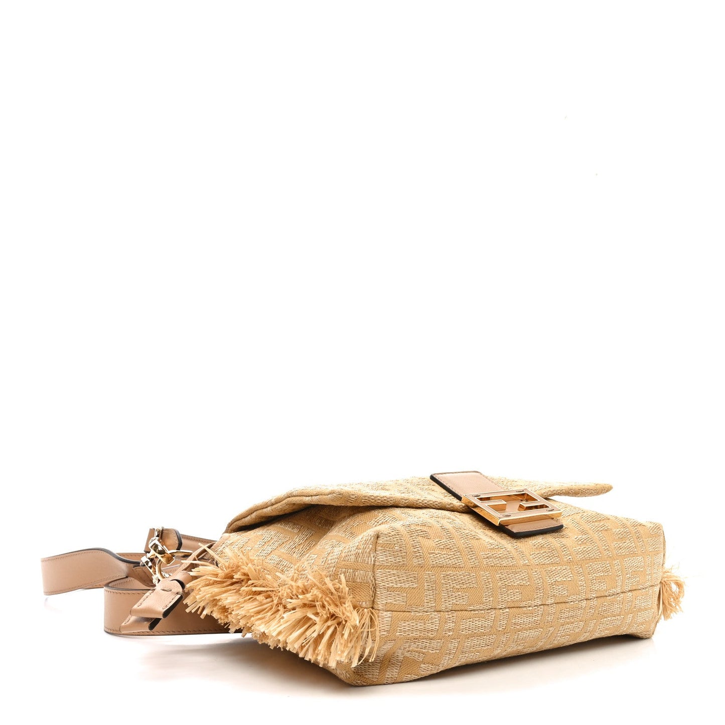 Fabric Jacquard Raffia Straw Fringe Medium Mamma Baguette Beige