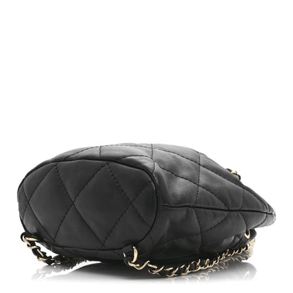 Shiny Lambskin Quilted Drawstring Backpack Black