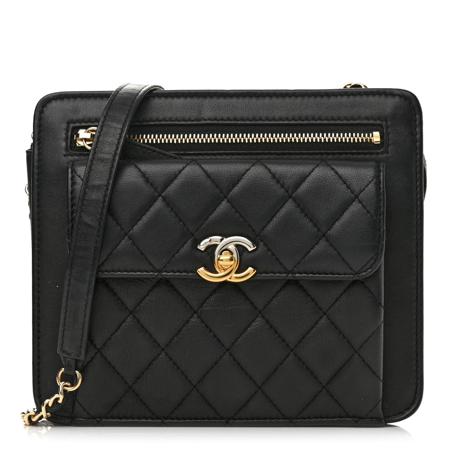Lambskin Quilted Square Front Pocket Clutch With Chain Black