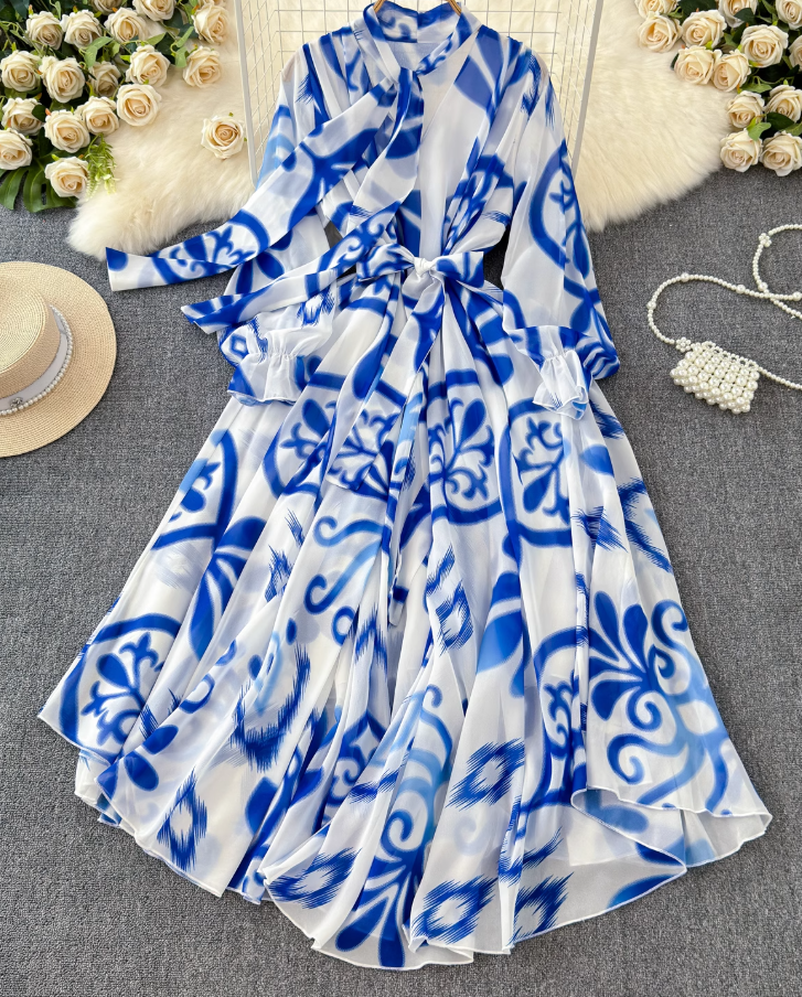 French elegant dress spring dress with bow tie collar slim fit long swing chiffon holiday dress R0351