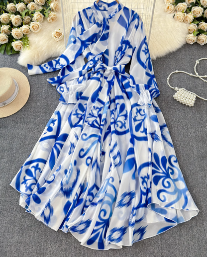 French elegant dress spring dress with bow tie collar slim fit long swing chiffon holiday dress R0351