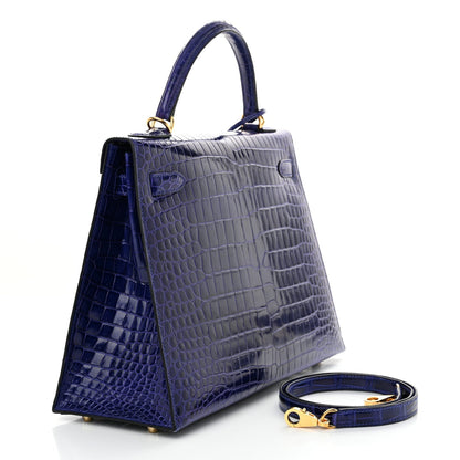 Shiny Porosus Crocodile Kelly Sellier 32 Bleu Electrique