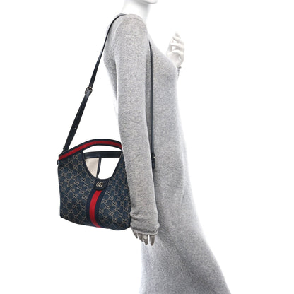 Denim GG Monogram Web Small Giglio Tote Blue White
