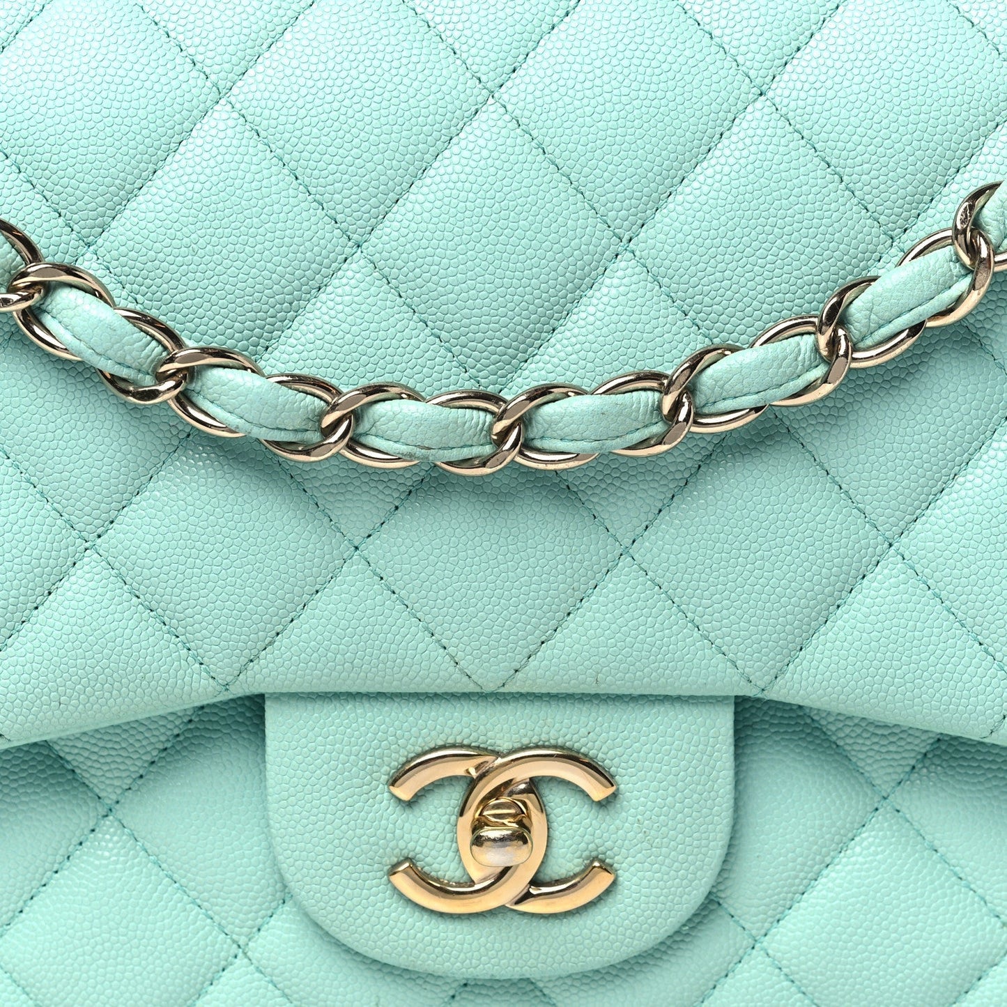 Caviar Quilted Jumbo Double Flap Light Green