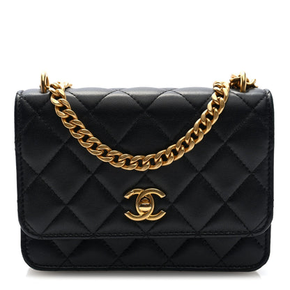 Lambskin Quilted Mini Sweet Camellia Wallet on Chain WOC Black