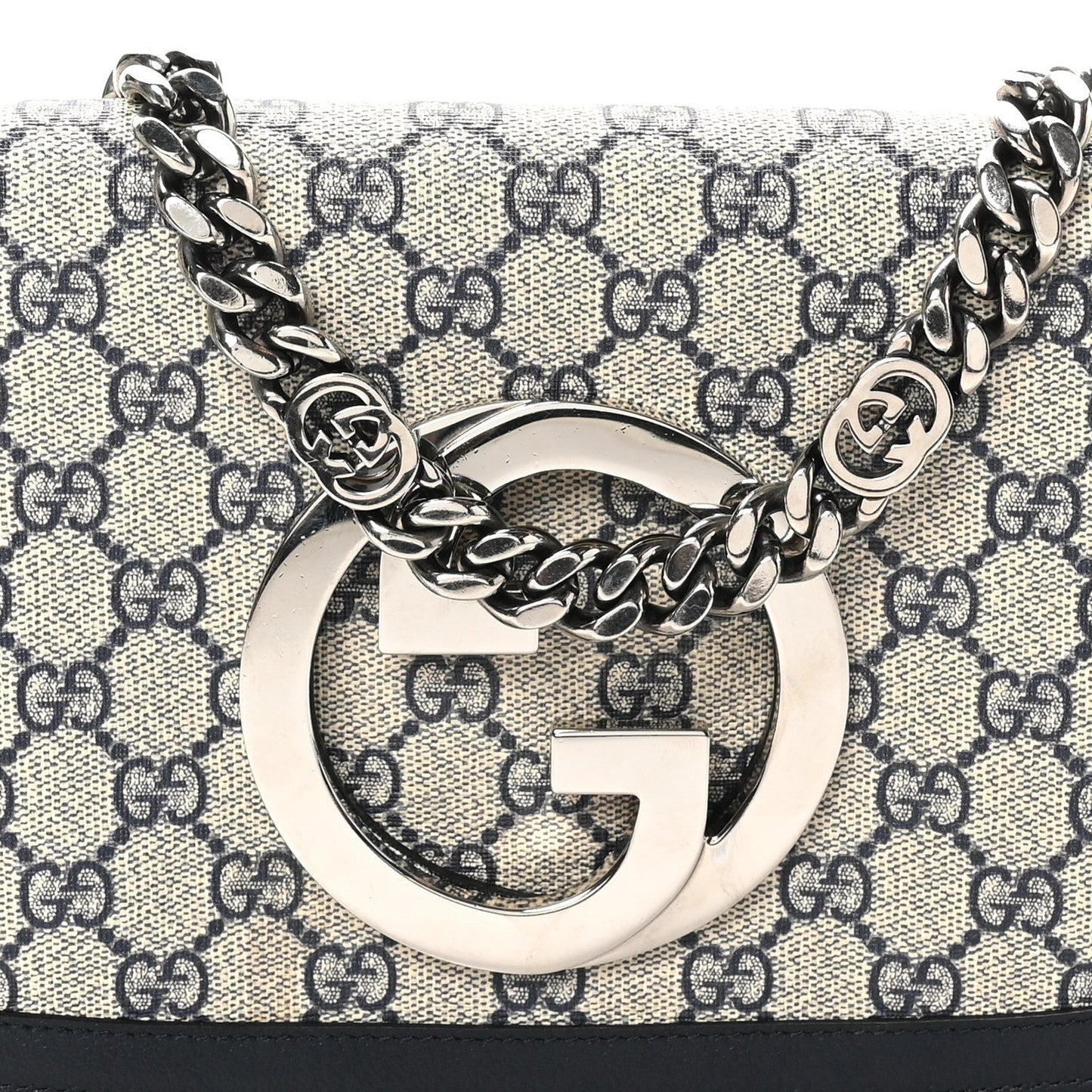 GG Supreme Monogram Textured Dollar Calfskin Blondie Chain Shoulder Flap Bag Beige Blue