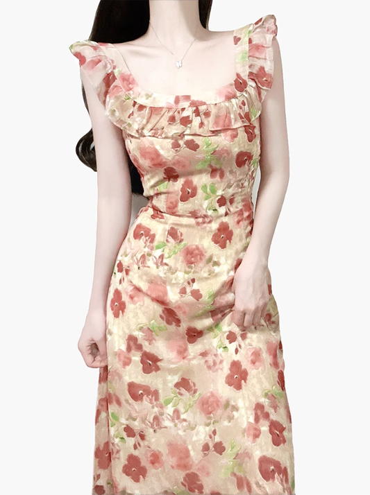 2025 Summer New French Romantic Floral Sweet Waist Flying Sleeveless Dress R0937