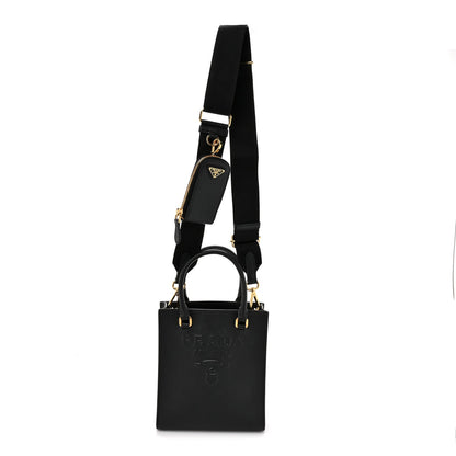 Saffiano Lux Triangle Logo Embossed Small Double Handle Crossbody Tote Black