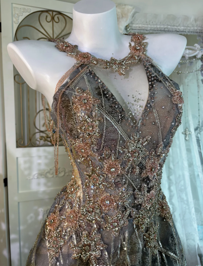 Gorgeous Halter V Neck Tulle Sequin Beaded Mermaid Long Wedding Guest Dress, Formal Birthday Prom Dress Party Gown SP1465