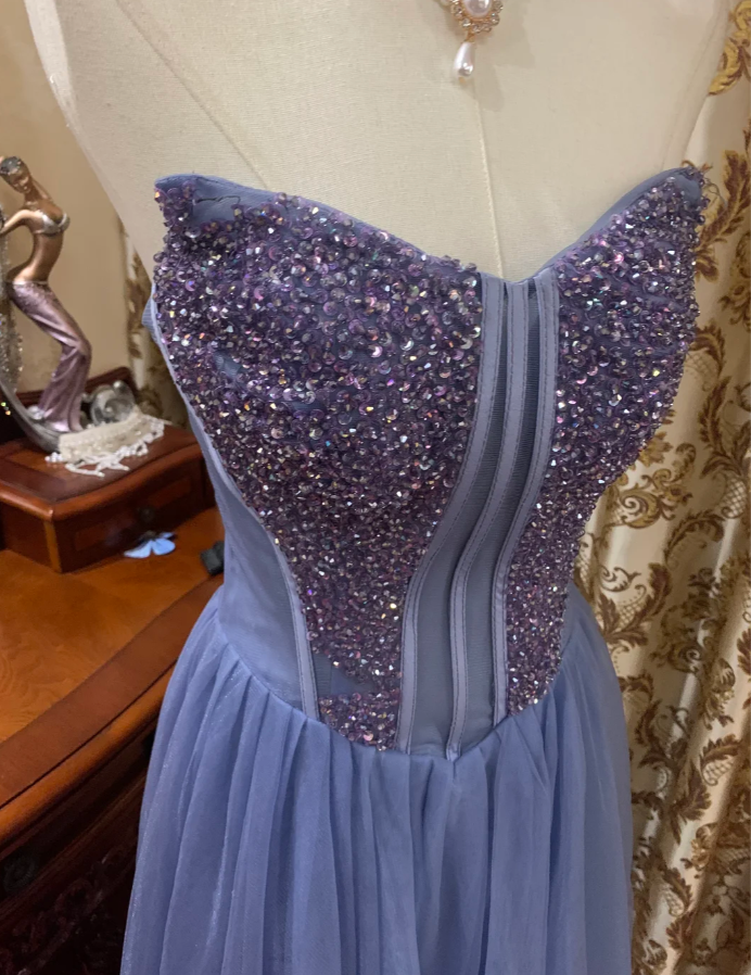 Classy Blue Strapless Tulle Sequin Beaded A Line Long Birthday Party Dress Evening Dress SP1610