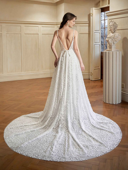 Grey white A-line thin shoulder strap V-neck extra long lace wedding dress