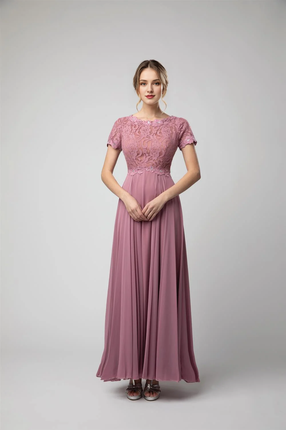 A-line lace tight corset long short sleeved chiffon dress