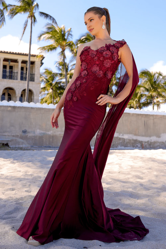 3D floral decal long one shoulder tight corset cloak dress