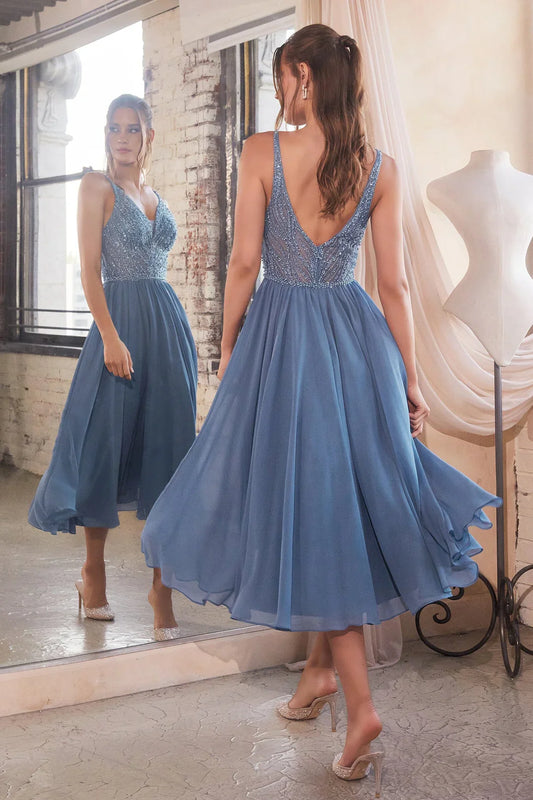 A-line bead embellished chiffon sleeveless V-neck tea long dress