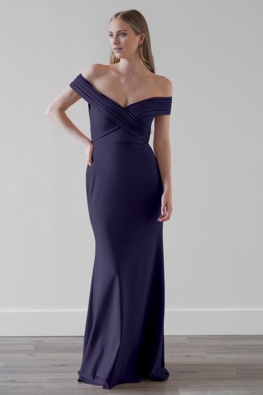 off shoulder collar pleated backless and floor length evening dress