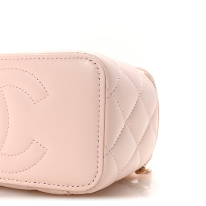 Lambskin Quilted Trendy Small Top Handle Vanity Case With Chain Light Pink