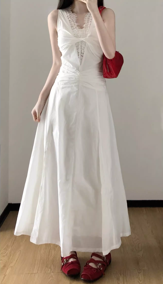 White v-neck lace dress is a niche style, beautiful waist temperament long skirt R0466