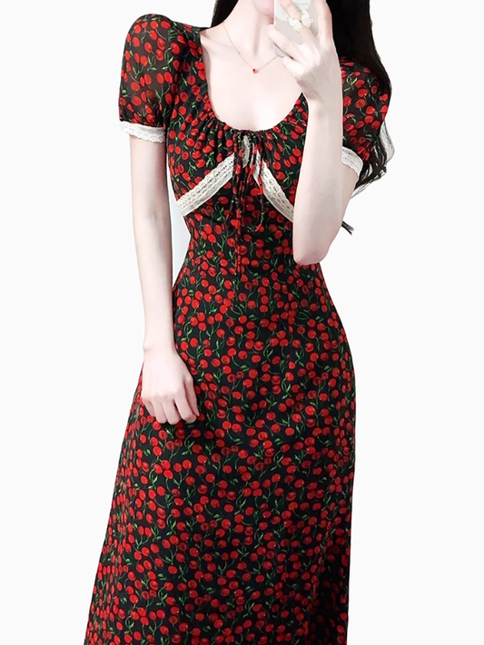 2025 Summer New French Red Cherry Floral Square Neck Short Sleeve Long Dress R0930