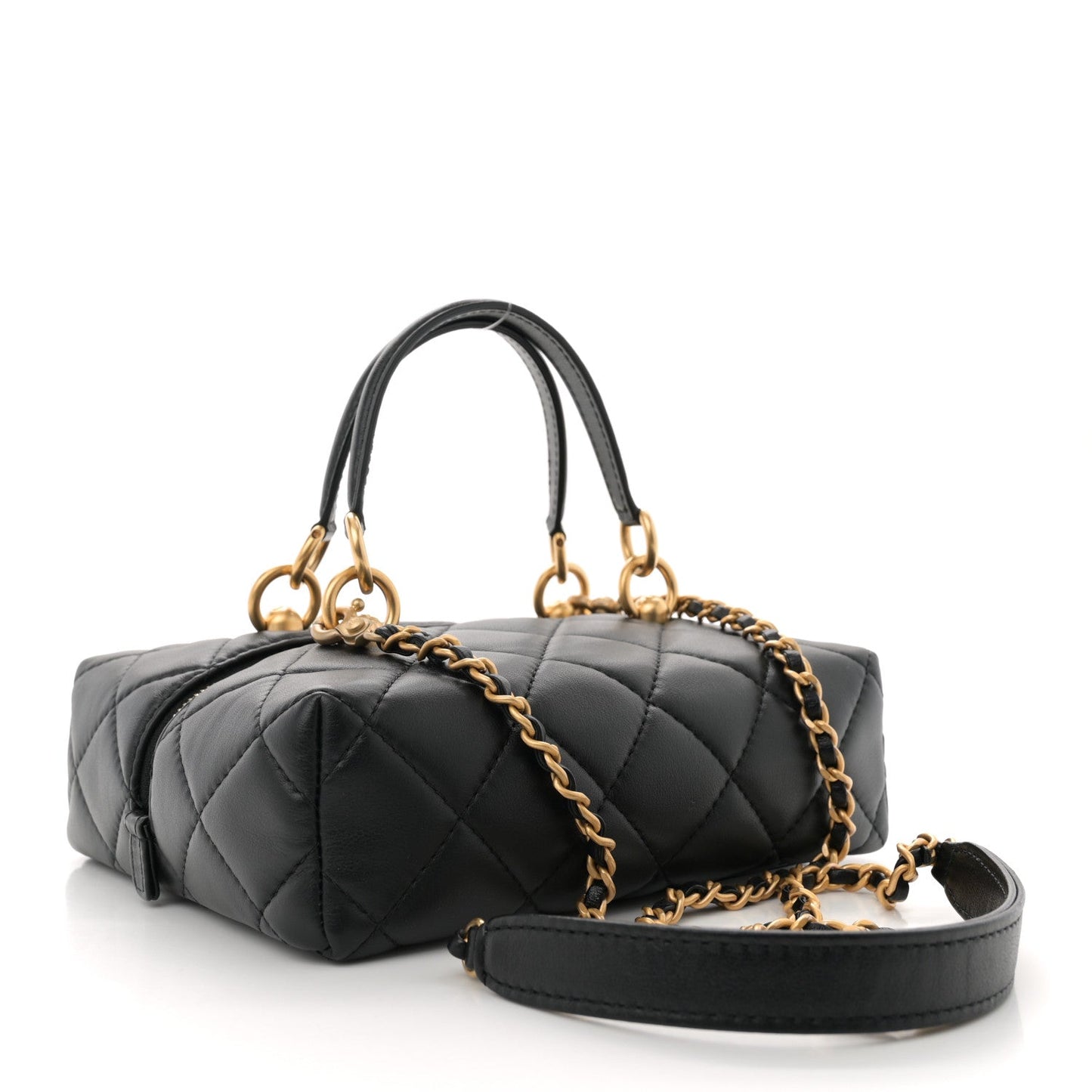 Calfskin Quilted Square Top Handle Vanity Case Black